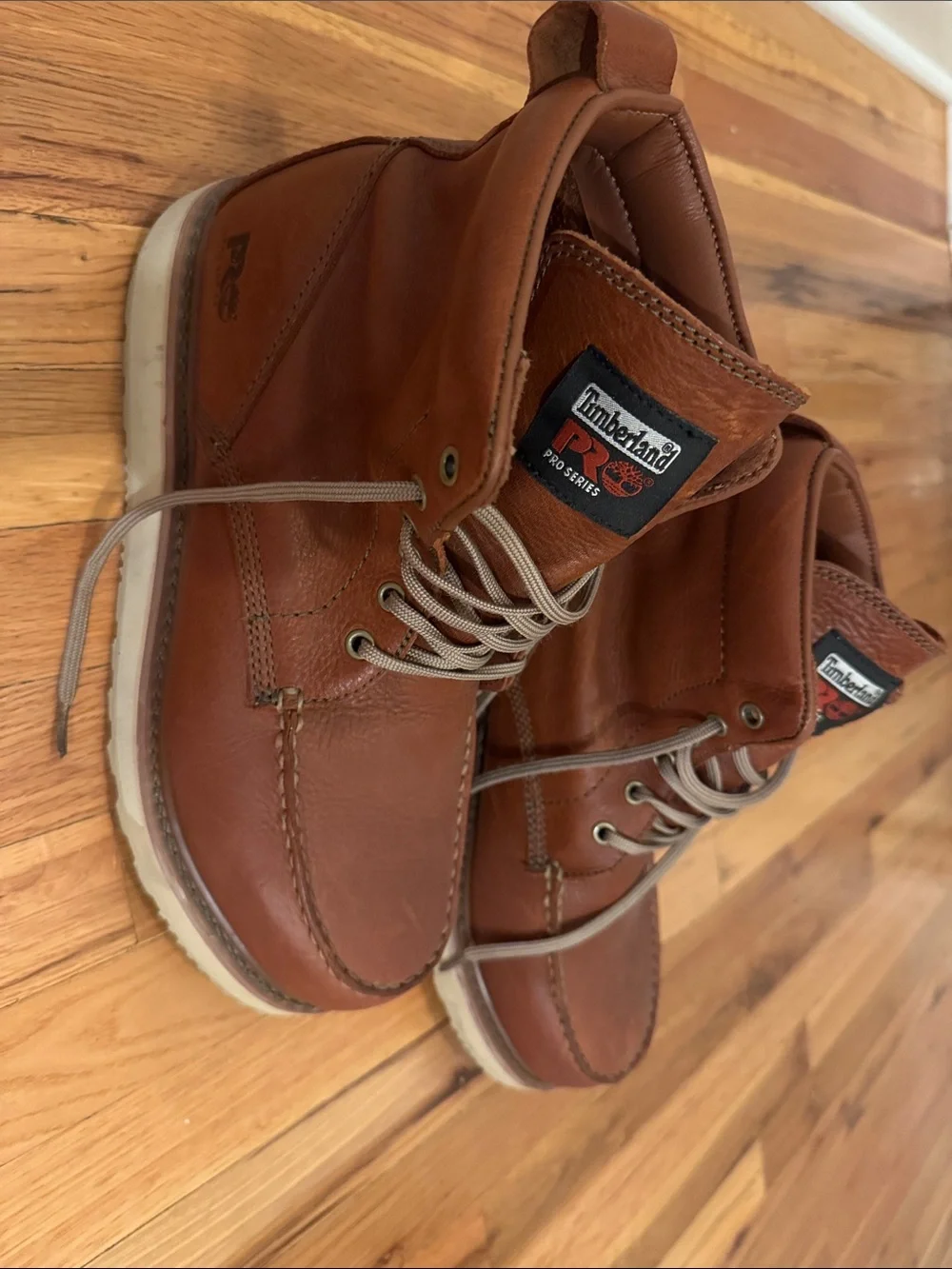 Timberland PRO Brown Leather Work Moc Toe Boots with Tan Laces